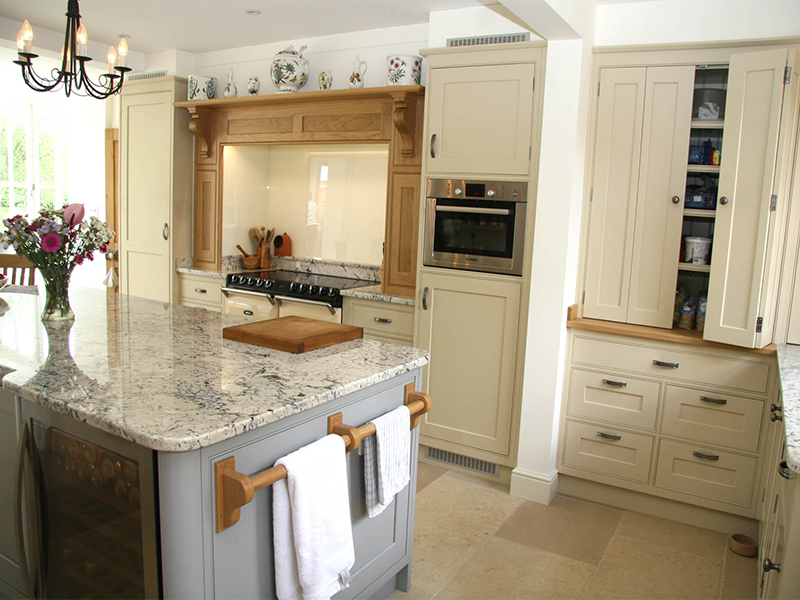 Take a look at this Timeless Trio Kitchen offering excellent bespoke design, manufacture and fitting. Soft creams and greys coupled with beautiful marble and oak. Farrow & Ball paint and Delactus cream granite for the island and glass for the inglenook. Bespoke Kitchens Suffolk