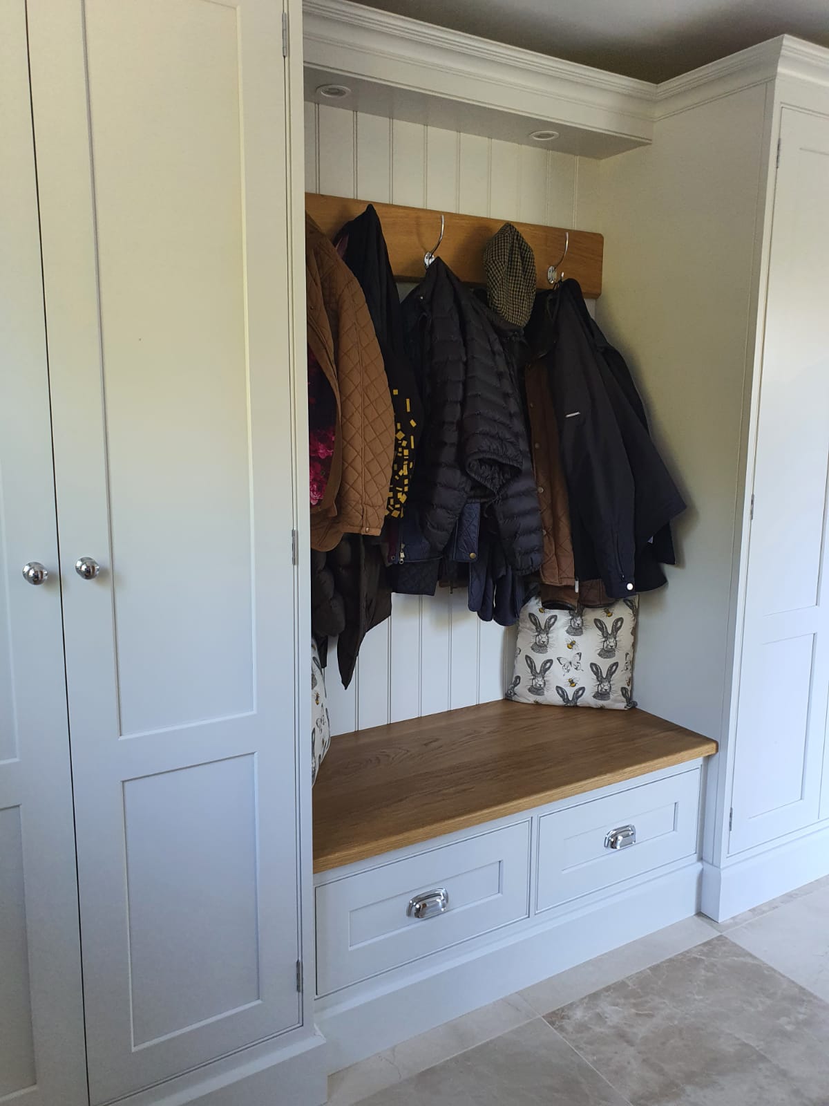 As Autumn is upon us and winter fast approaching a Boot room is a useful space to hang damp coats and store muddy boots. Call us with your ideas.