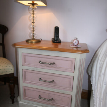 French Style shabby chic bedside cabinet with fluted columns and Cherry top. Knights Country Kitchens