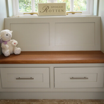 Boot Seat painted with Iroko seat & handy drawers below for storage. Knights Country Kitchens