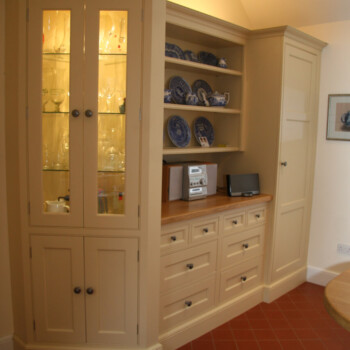Victorian Style Painted Display display dresser with Oak top, incorporating integrated freezer with ice maker.