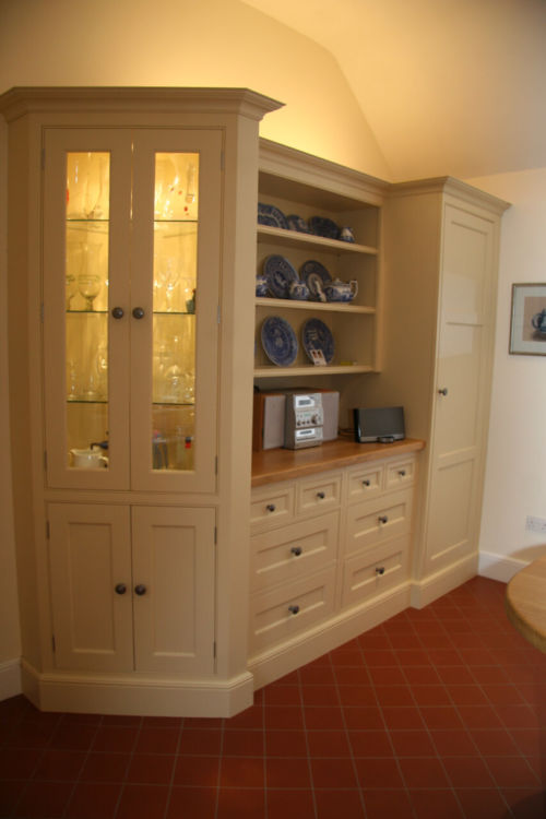 Victorian Style Painted Display display dresser with Oak top, incorporating integrated freezer with ice maker.