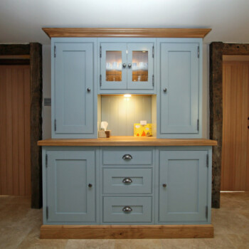 Cottage Style dresser painted in Farrow & Ball Palma Gray and complimented with oak worktops and pewter Iron mongery. Cottage Style dresser painted in Farrow & Ball Palma Gray and complimented with oak worktops and pewter Iron mongery.